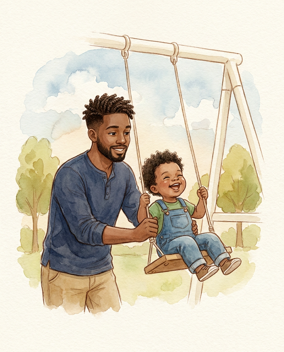 A father in a navy henley pushing his toddler son on a swing in a park