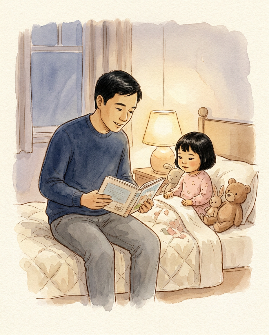 A father in a navy sweater reading a bedtime story to his toddler daughter