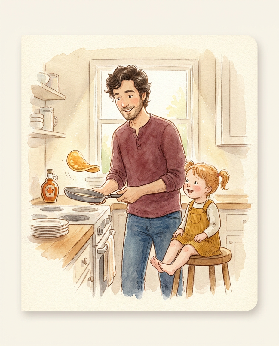 A father in a maroon henley flipping a pancake while his toddler daughter watches from a stool