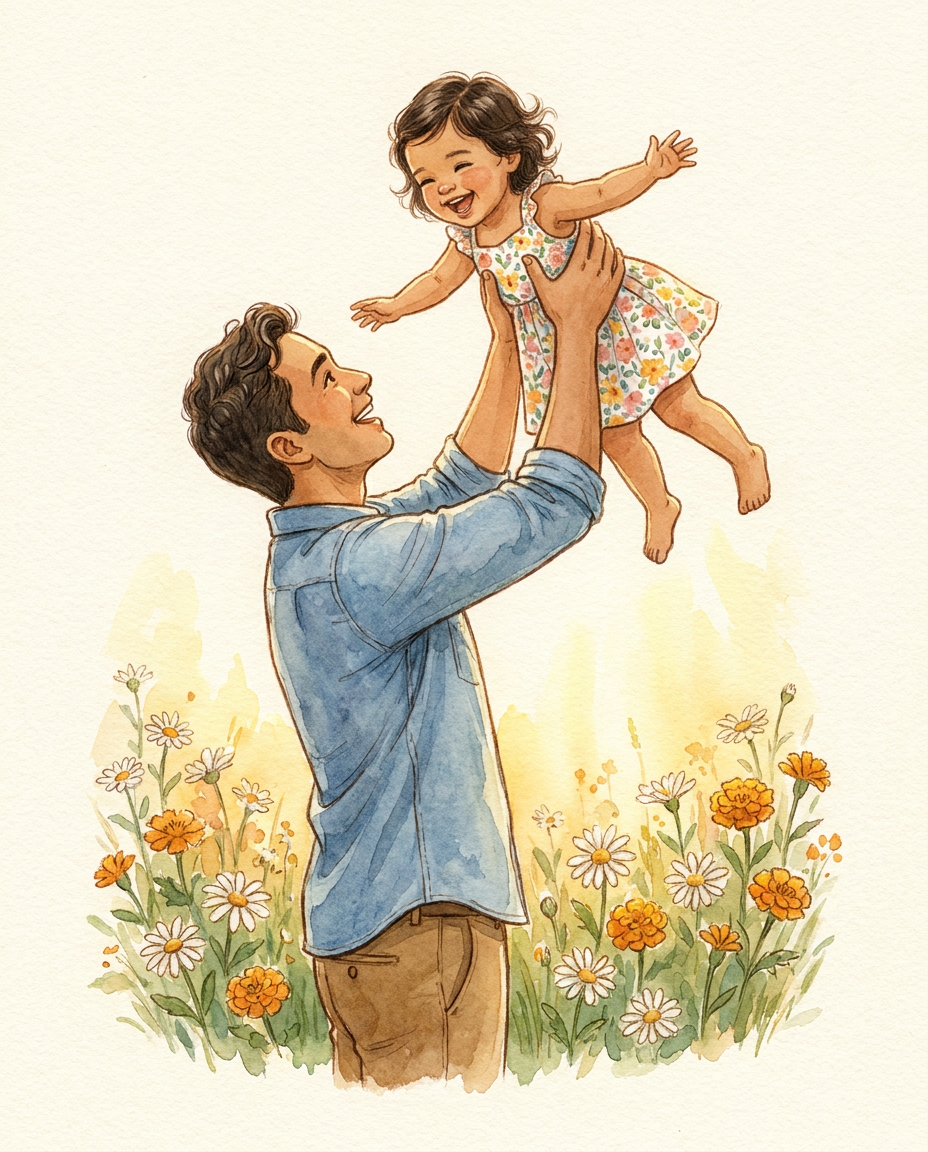 A father lifting his laughing toddler daughter in a sunlit flower garden