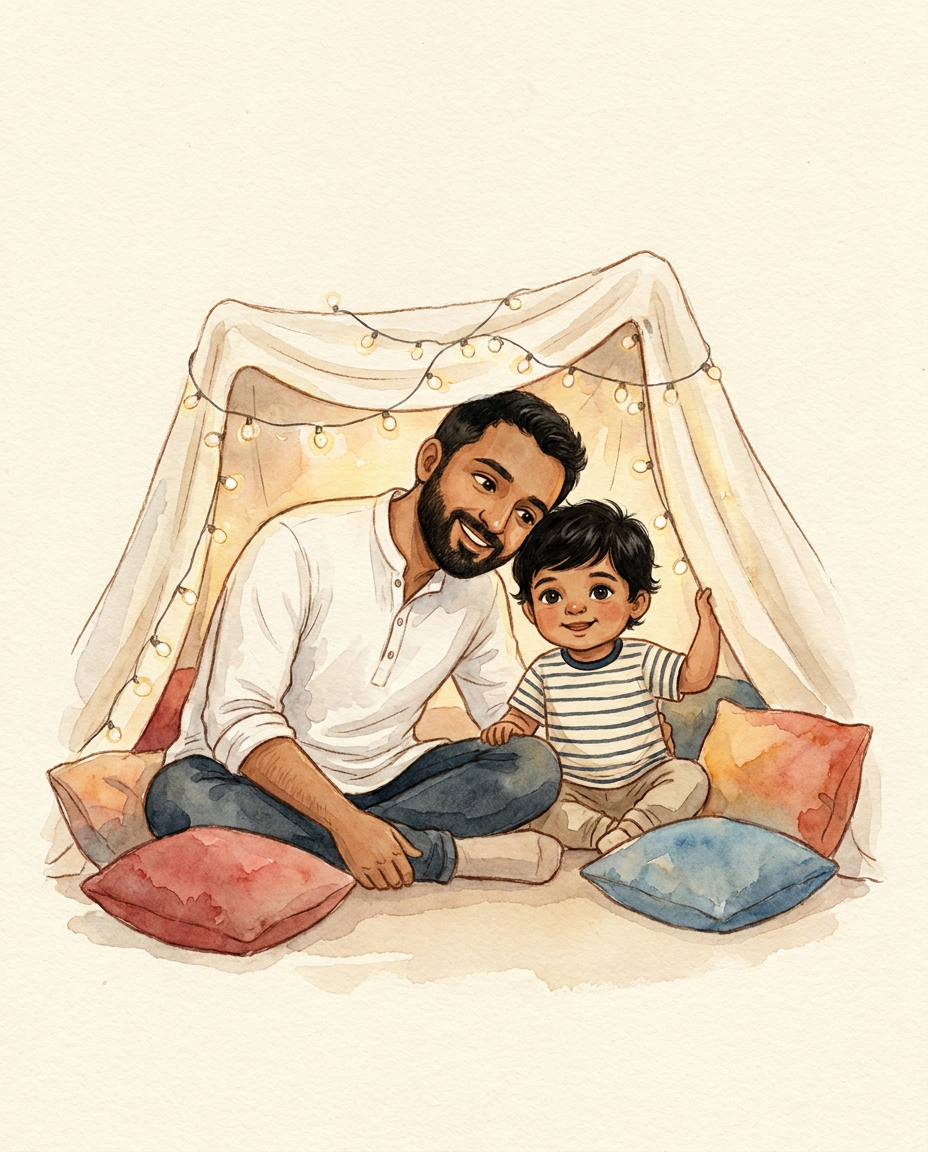 A father and his toddler son peeking out of a blanket fort with fairy lights