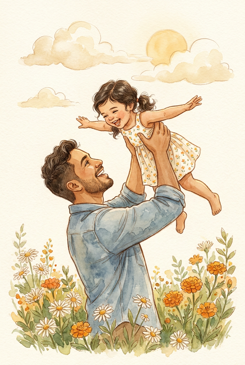 A father lifting his laughing toddler daughter high above his head in a sunlit flower garden, painted in soft watercolor on cream paper
